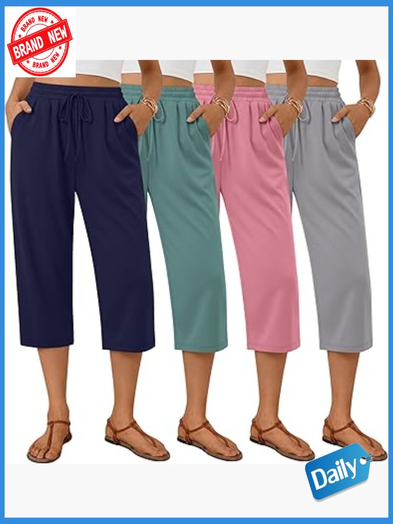 4 Pack Women's Capri Pants Wide Leg Yoga Lounge Sweatpants With Pockets